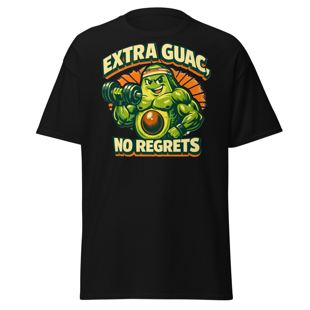 Funny Avocado Gym T-Shirt | Extra Guac No Regrets Retro Workout Tee - Image 2