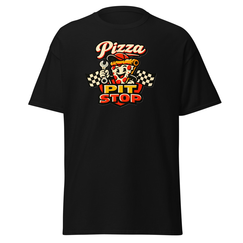 Funny Pizza Racing T-Shirt | Pit Stop Retro Motorsport Foodie Tee