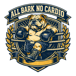 Funny Boxing Dog T-Shirt | All Bark No Cardio Retro Sports Badge Tee