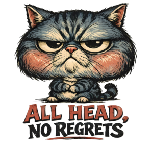 Caricature Cat T-Shirt | All Head No Regrets Funny Big Head Tee