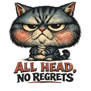 Caricature Cat T-Shirt | All Head No Regrets Funny Big Head Tee