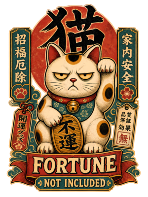 Funny Lucky Cat T-Shirt | Fortune Not Included Japanese Kanji Tee