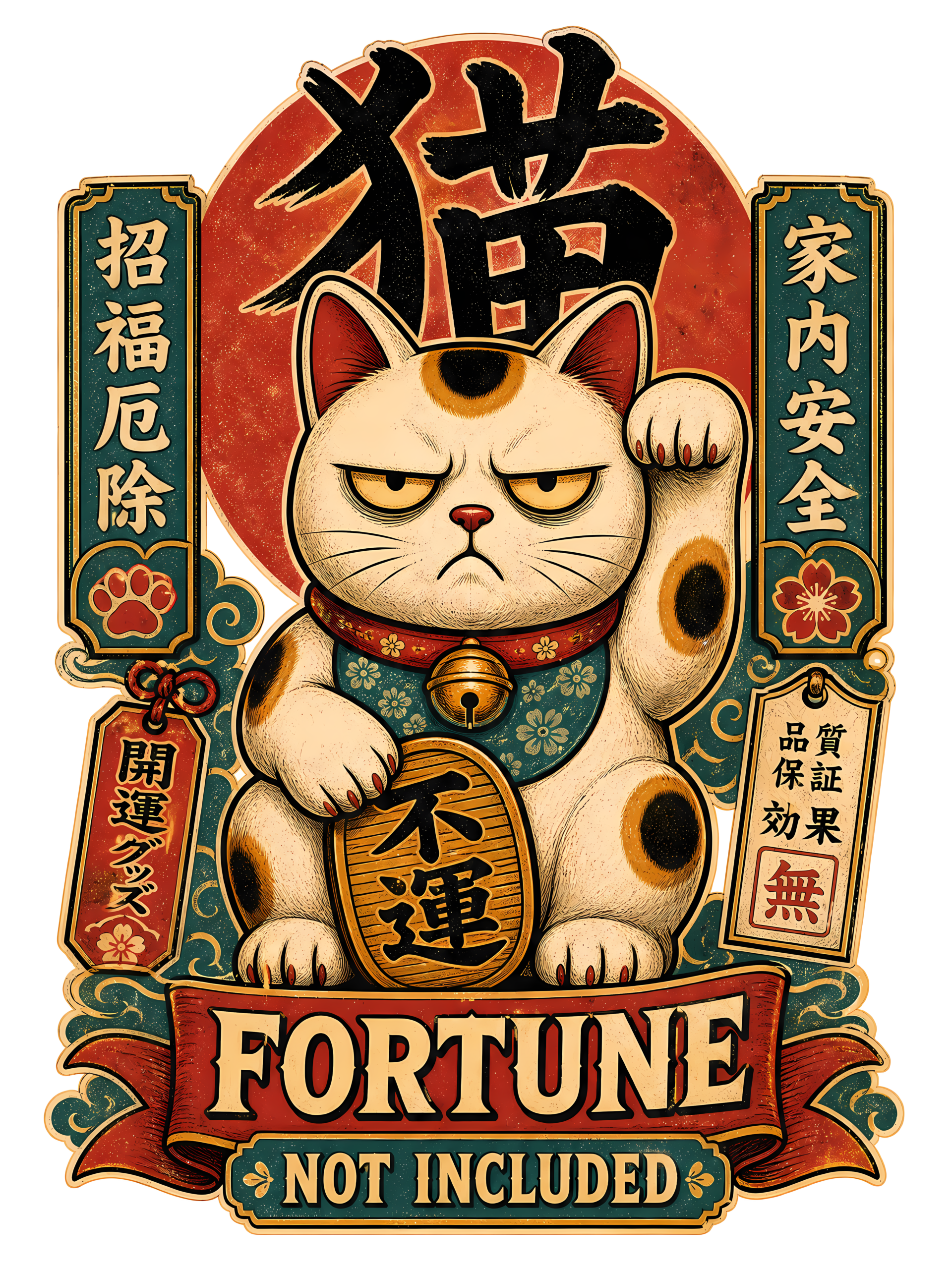 Funny Lucky Cat T-Shirt | Fortune Not Included Japanese Kanji Tee