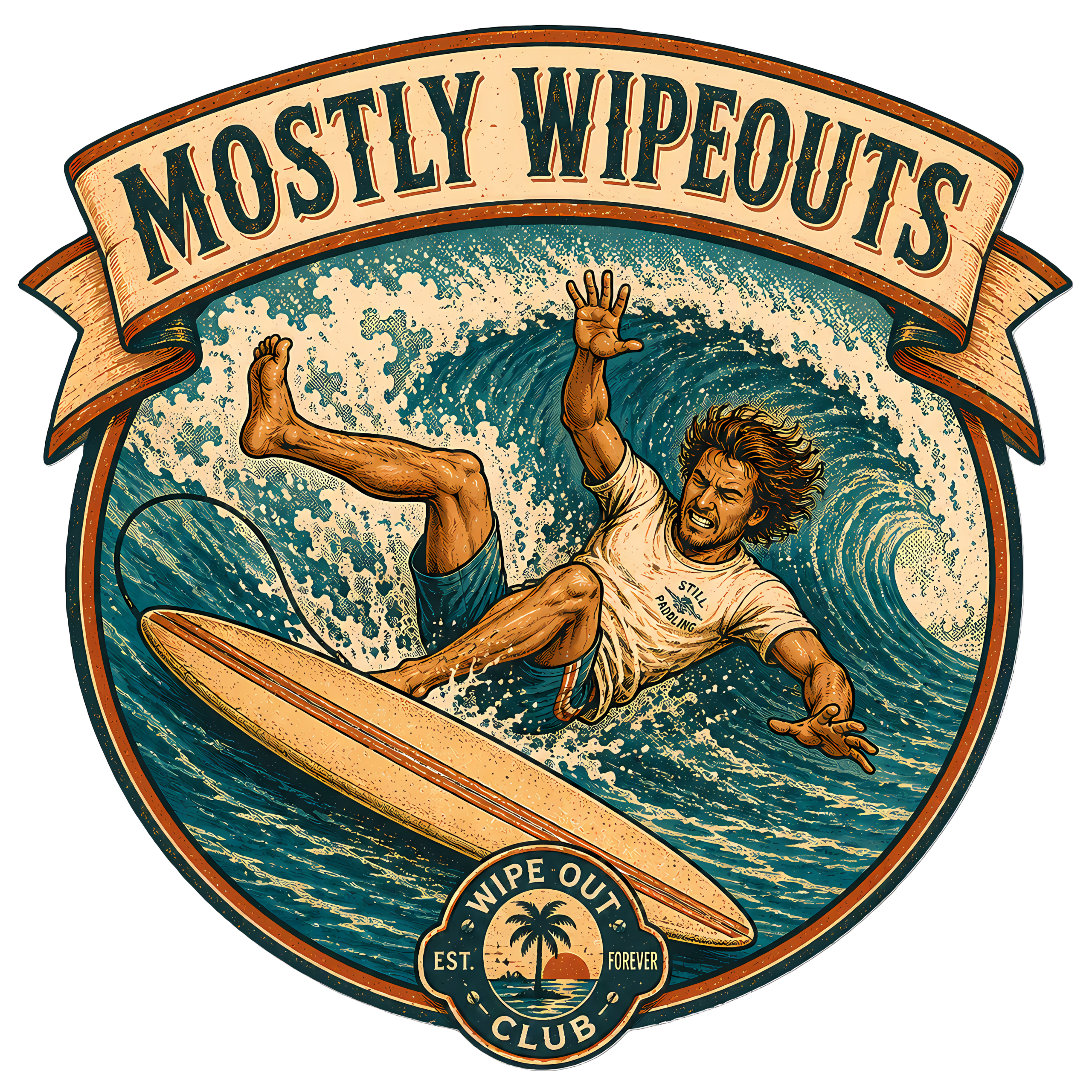 Funny Surfing T-Shirt | Mostly Wipeouts Retro Surf Badge Summer Tee