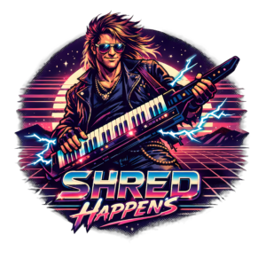 Funny Keytar T-Shirt | Shred Happens Retro 80s Synthwave Tee