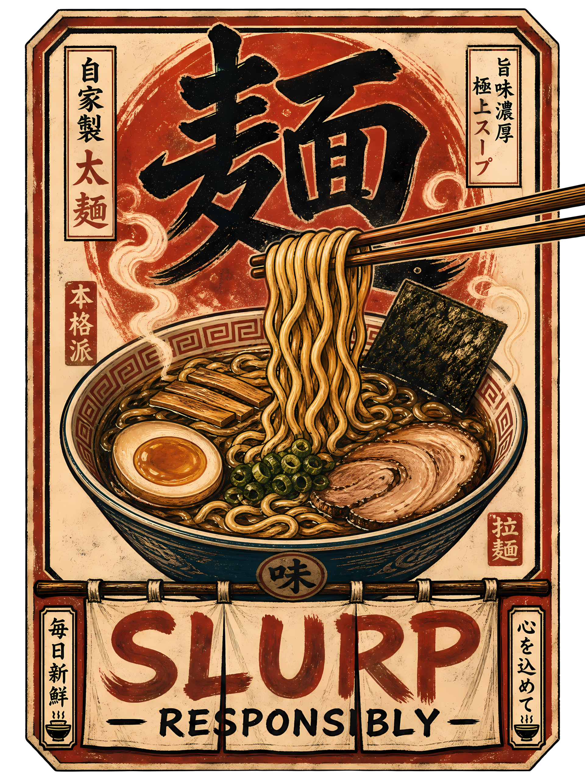Funny Ramen T-Shirt | Slurp Responsibly Japanese Kanji Noodle Tee