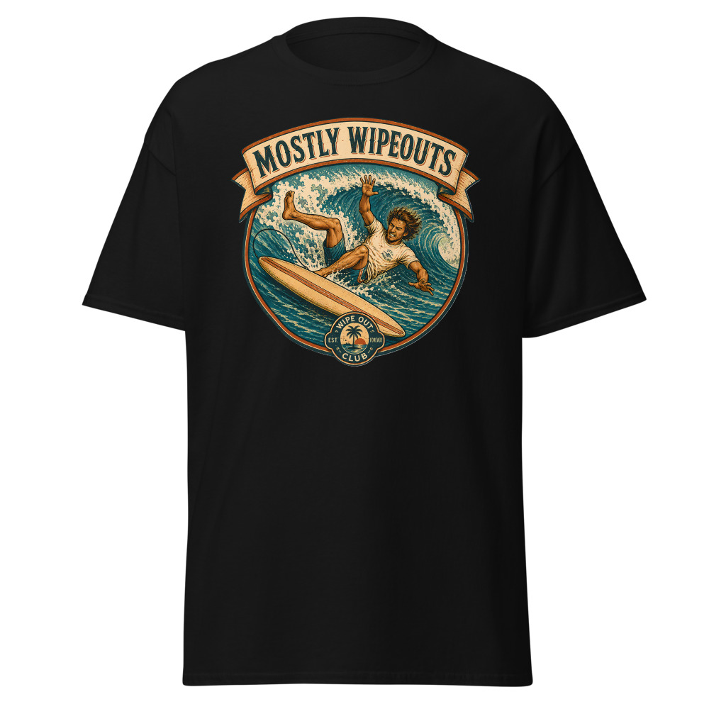 Funny Surfing T-Shirt | Mostly Wipeouts Retro Surf Badge Summer Tee - Image 3