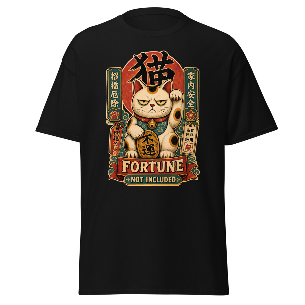 Funny Lucky Cat T-Shirt | Fortune Not Included Japanese Kanji Tee - Image 3