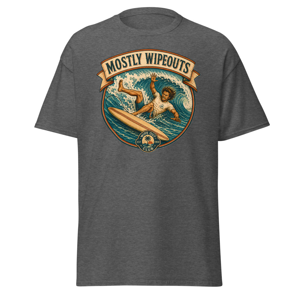Funny Surfing T-Shirt | Mostly Wipeouts Retro Surf Badge Summer Tee - Image 4