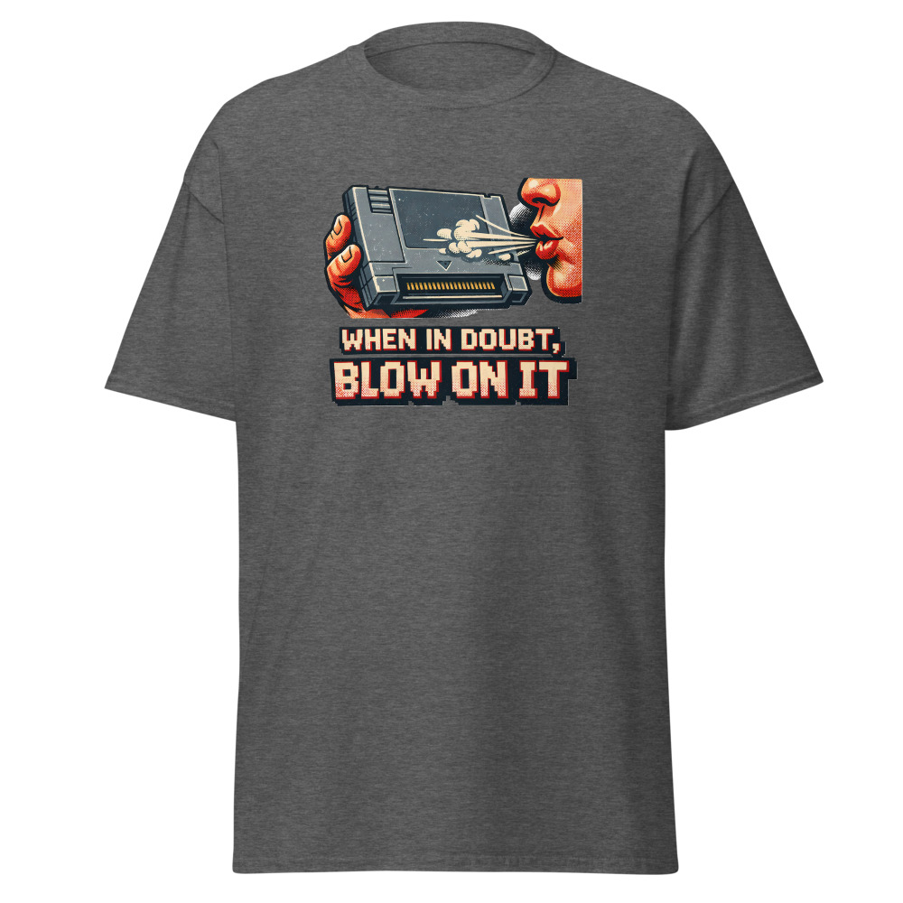 Retro Game Cartridge T-Shirt | When in Doubt Blow on It 80s Gamer Tee - Image 4