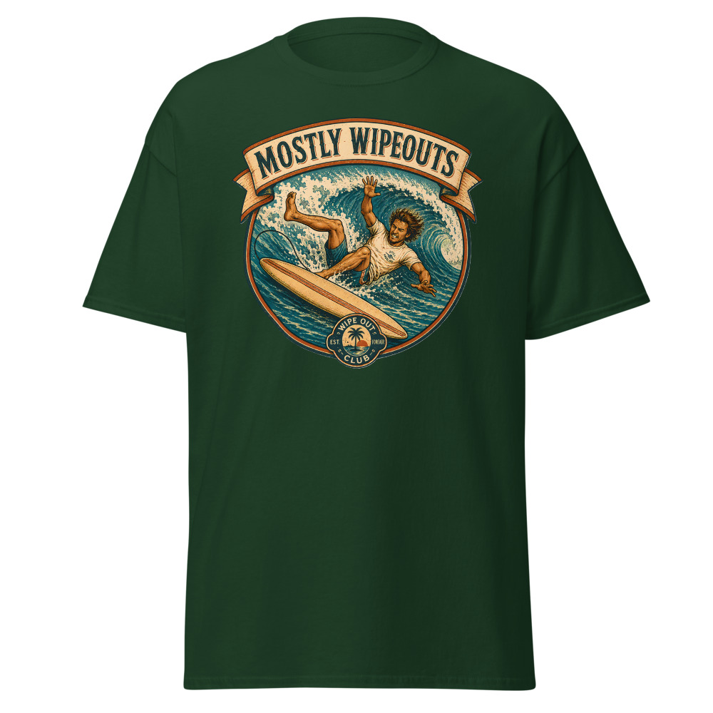 Funny Surfing T-Shirt | Mostly Wipeouts Retro Surf Badge Summer Tee - Image 5