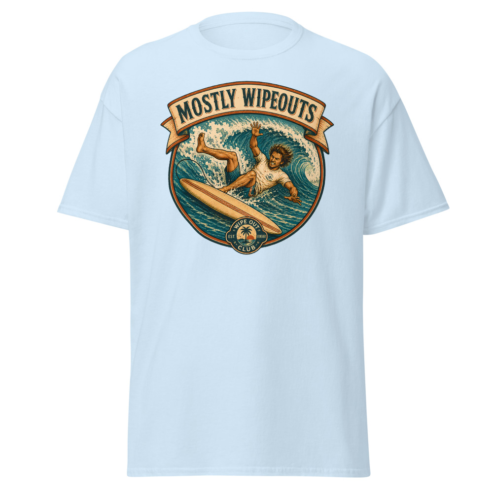 Funny Surfing T-Shirt | Mostly Wipeouts Retro Surf Badge Summer Tee - Image 6