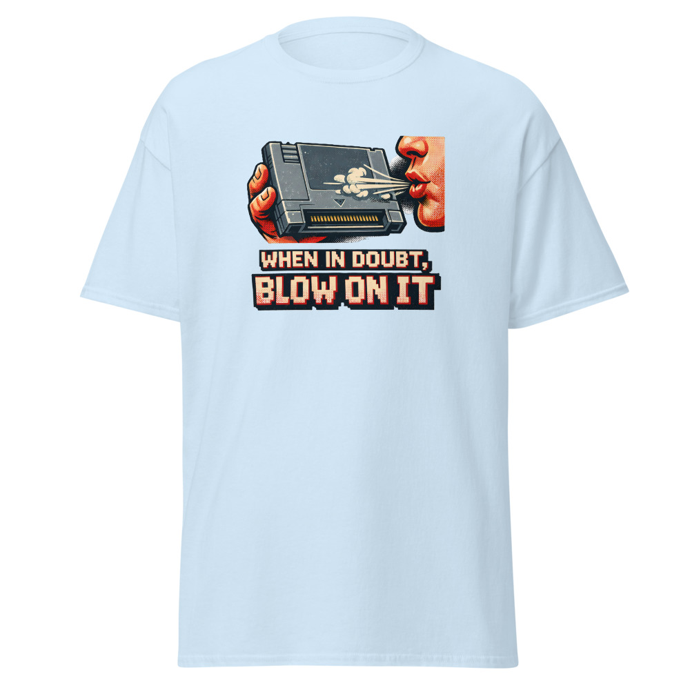 Retro Game Cartridge T-Shirt | When in Doubt Blow on It 80s Gamer Tee - Image 6