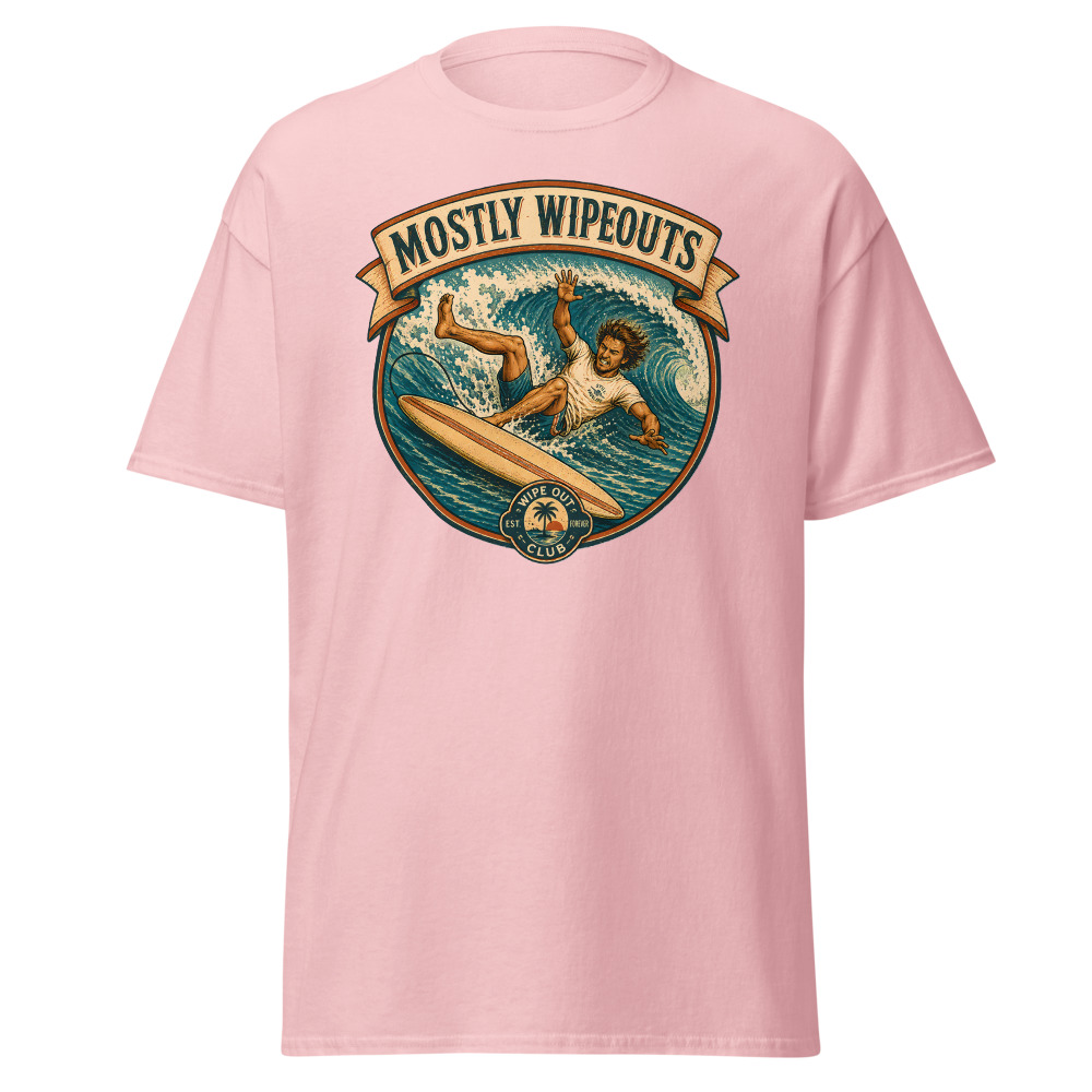 Funny Surfing T-Shirt | Mostly Wipeouts Retro Surf Badge Summer Tee - Image 7