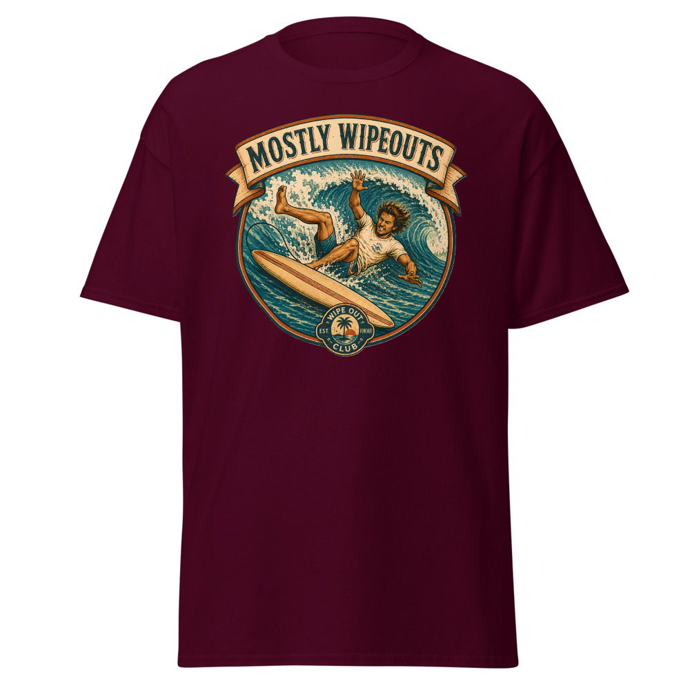 Funny Surfing T-Shirt | Mostly Wipeouts Retro Surf Badge Summer Tee - Image 8