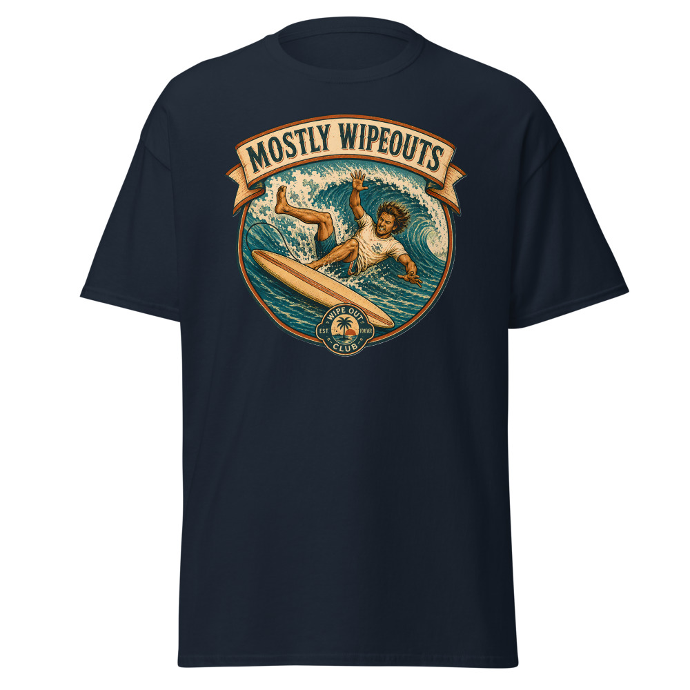 Funny Surfing T-Shirt | Mostly Wipeouts Retro Surf Badge Summer Tee - Image 9