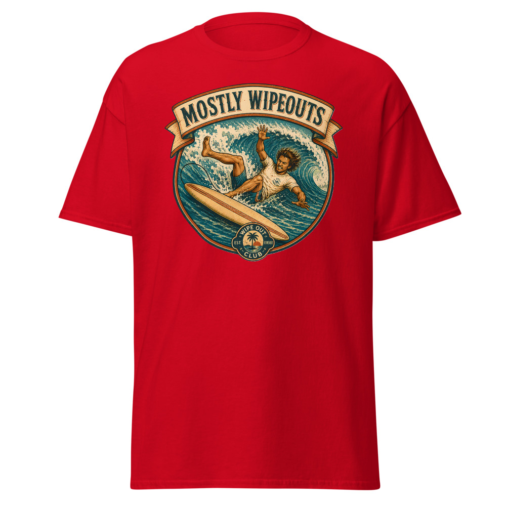 Funny Surfing T-Shirt | Mostly Wipeouts Retro Surf Badge Summer Tee - Image 10