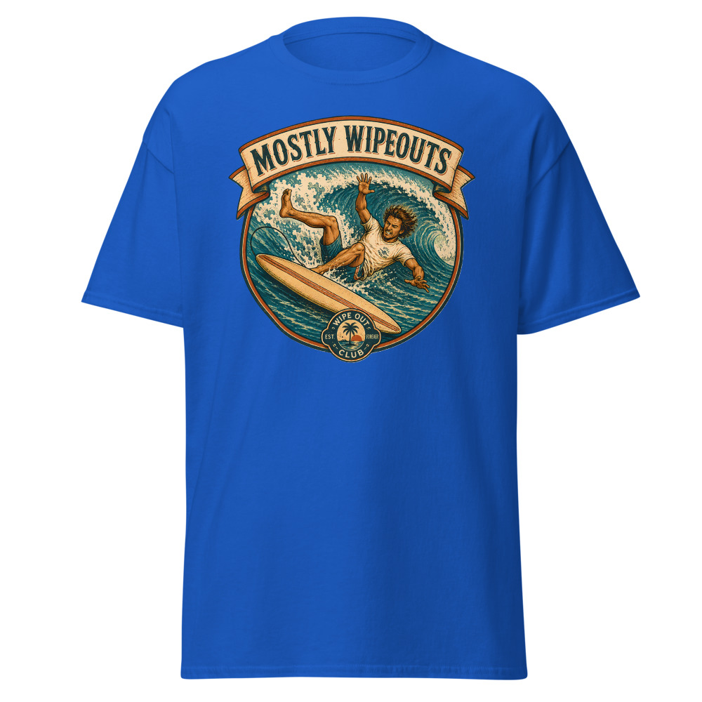 Funny Surfing T-Shirt | Mostly Wipeouts Retro Surf Badge Summer Tee - Image 11