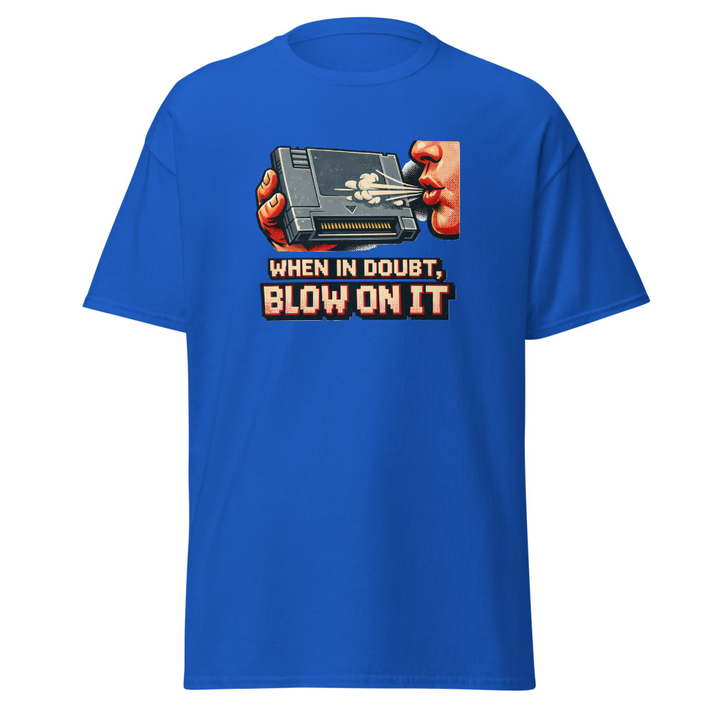 Retro Game Cartridge T-Shirt | When in Doubt Blow on It 80s Gamer Tee - Image 11