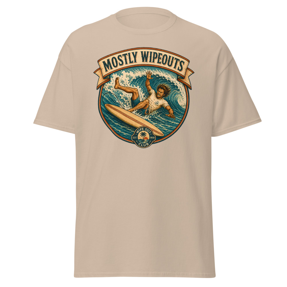 Funny Surfing T-Shirt | Mostly Wipeouts Retro Surf Badge Summer Tee - Image 12