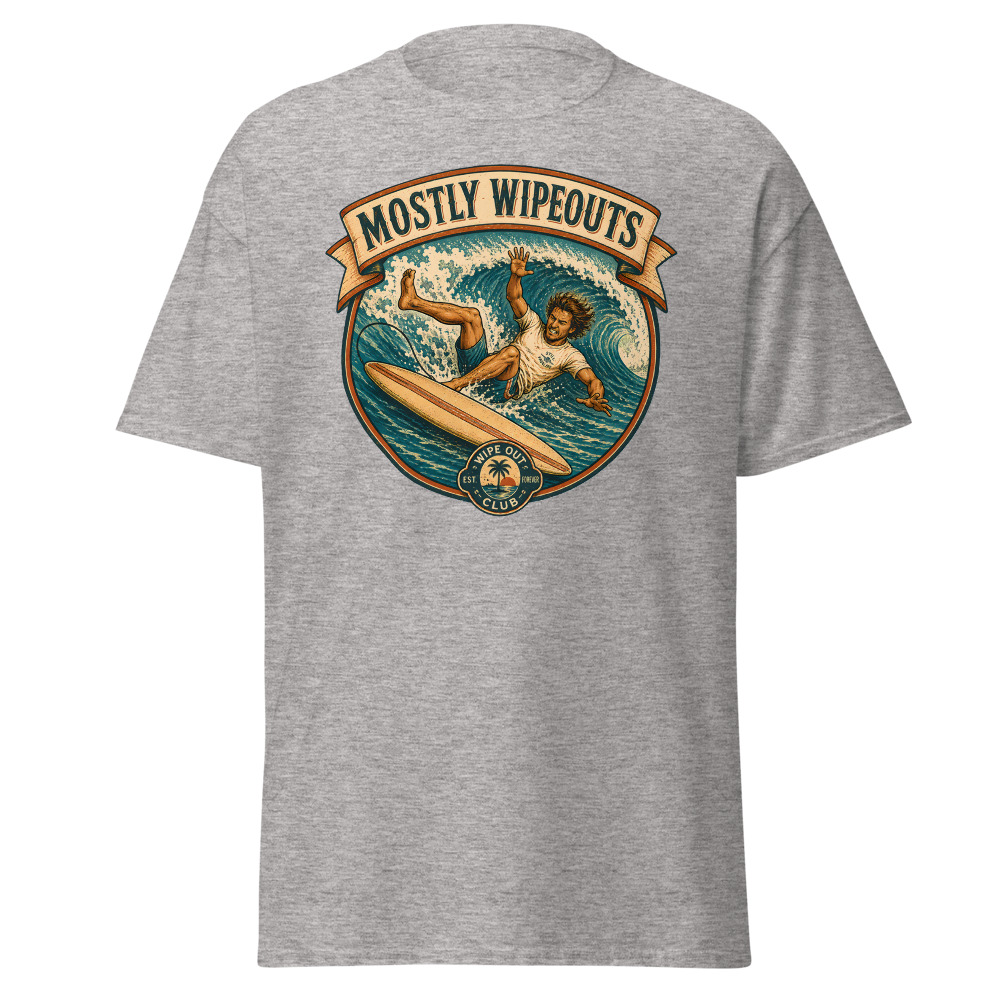 Funny Surfing T-Shirt | Mostly Wipeouts Retro Surf Badge Summer Tee - Image 13