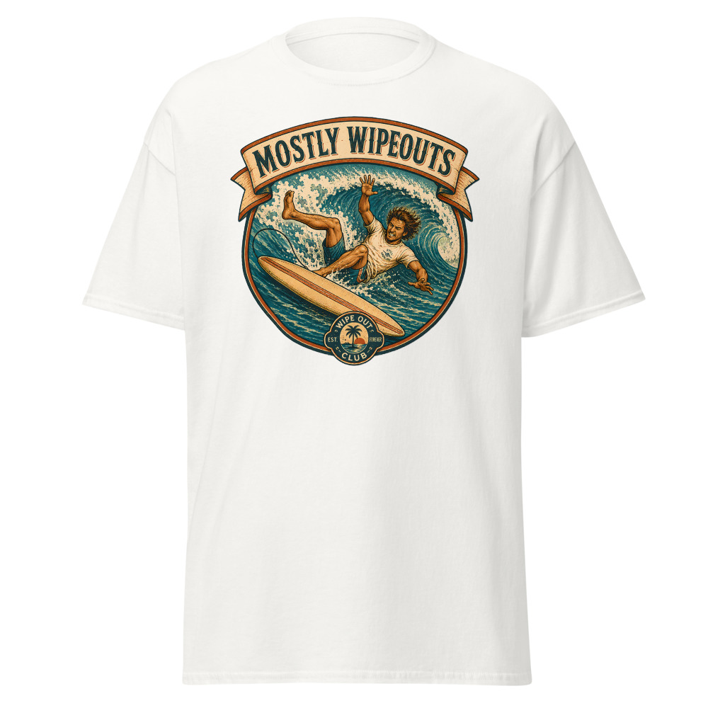 Funny Surfing T-Shirt | Mostly Wipeouts Retro Surf Badge Summer Tee - Image 2