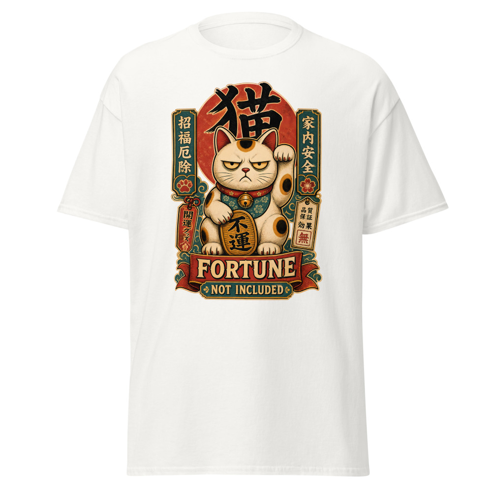 Funny Lucky Cat T-Shirt | Fortune Not Included Japanese Kanji Tee - Image 2