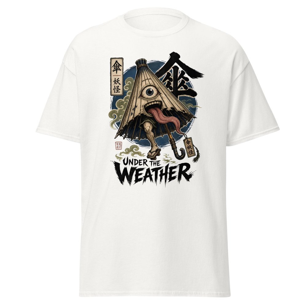 Retro Yokai Umbrella T-Shirt | Under the Weather Ukiyo-e Horror Tee - Image 2