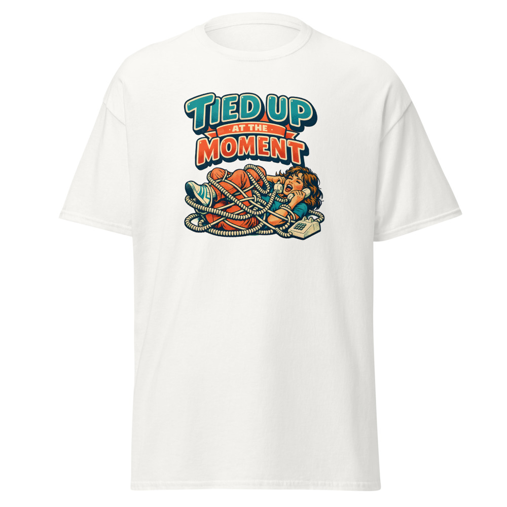 Funny Landline Phone T-Shirt | Tied Up at the Moment Retro 80s Tee - Image 2