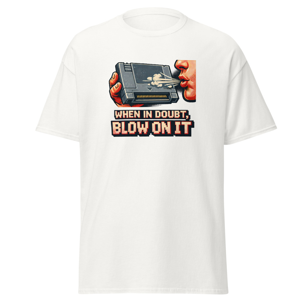 Retro Game Cartridge T-Shirt | When in Doubt Blow on It 80s Gamer Tee - Image 2