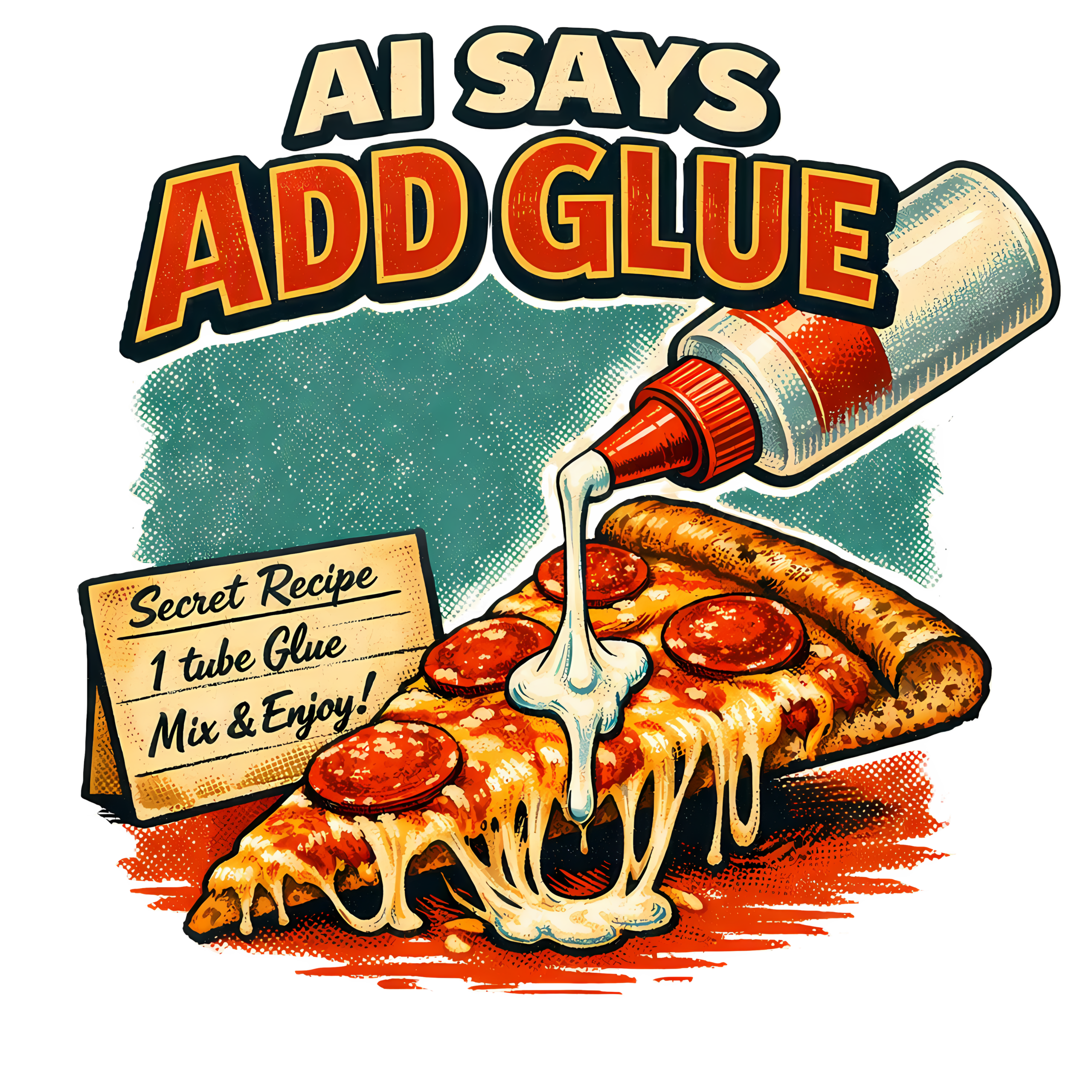 Funny AI Food T-Shirt | AI Says Add Glue Retro Pizza Recipe Tee