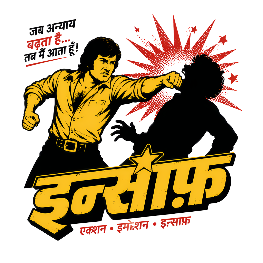 Retro Bollywood Action T-Shirt | Vintage Insaaf Halftone Punch Tee