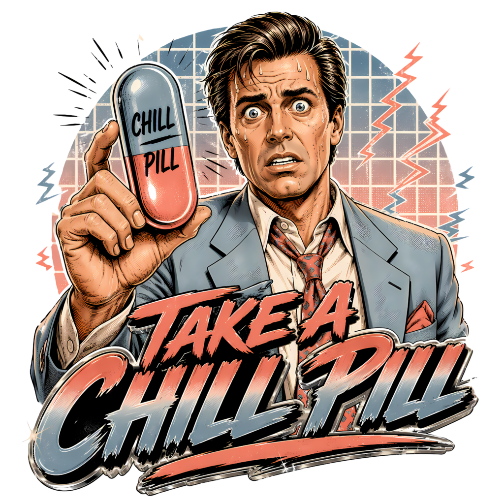 Funny 80s Yuppie T-Shirt | Take a Chill Pill Retro 80s Slang Office Tee