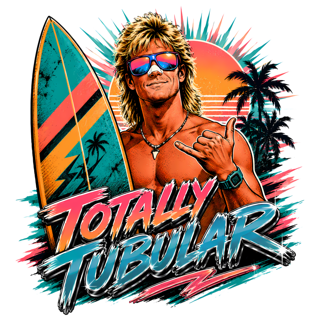 Funny 80s Surfer T-Shirt | Totally Tubular Retro 80s Slang Beach Tee