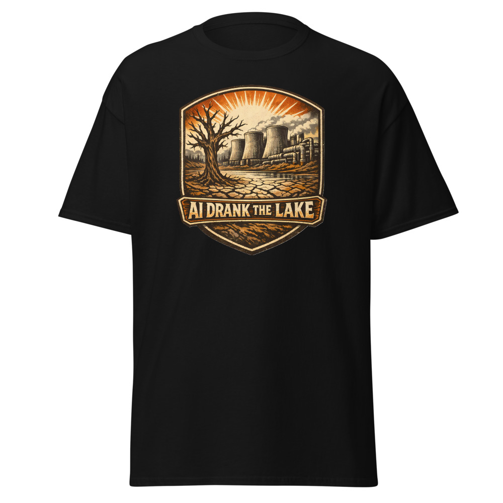 Funny Anti-AI T-Shirt | AI Drank the Lake Retro Nature Badge Tee
