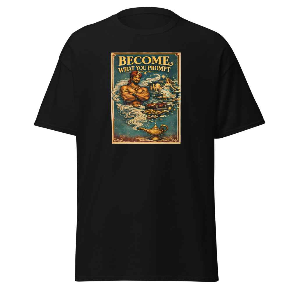 Funny AI Genie T-Shirt | Become What You Prompt Retro Fantasy Tee
