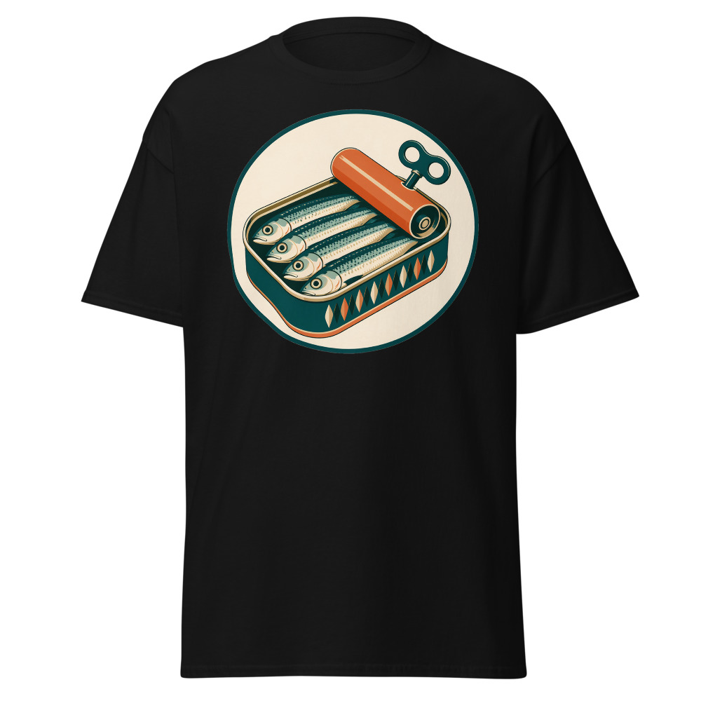 Vintage Sardine Tin T-Shirt | Retro Mediterranean Seafood Label Tee