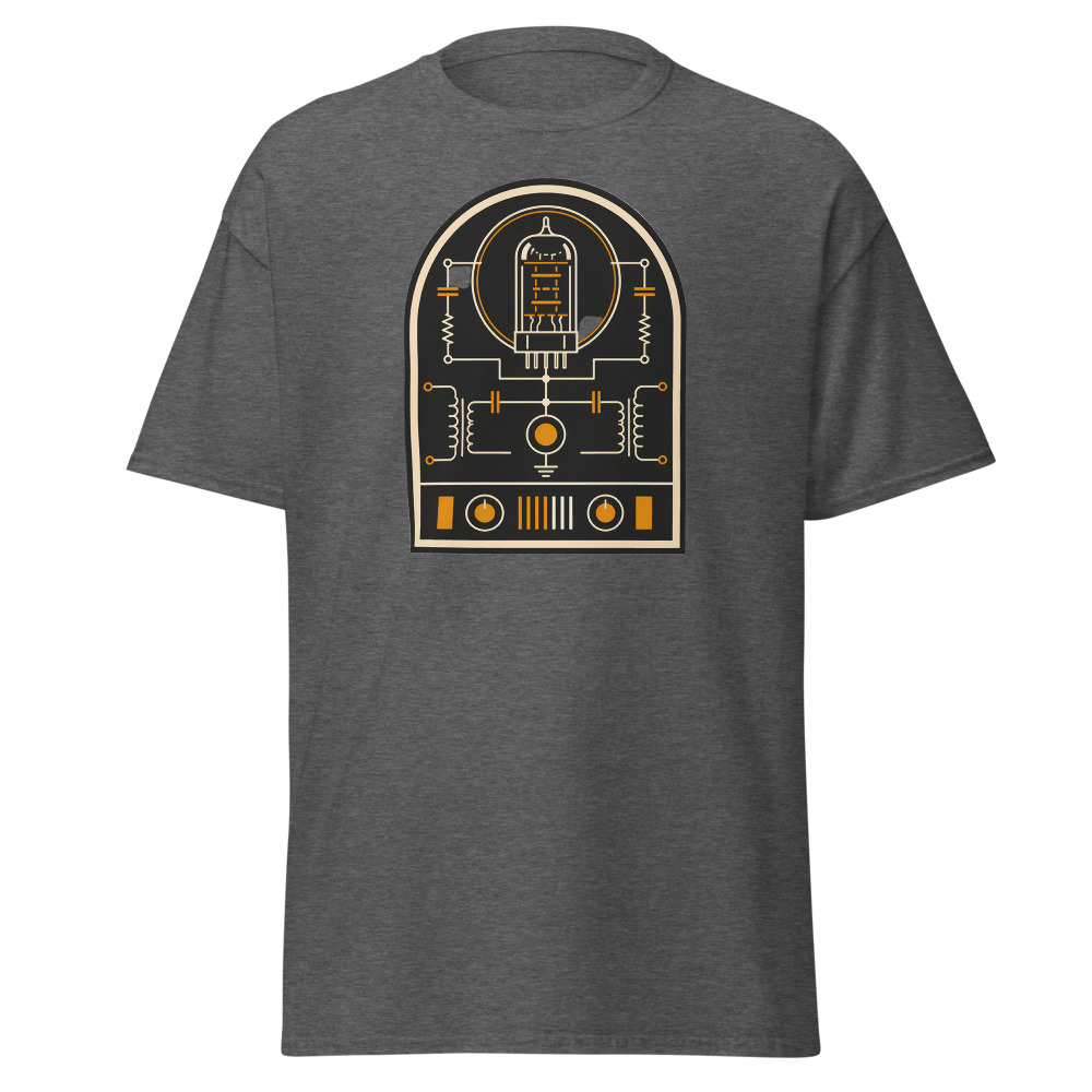 Vintage Vacuum Tube T-Shirt | Retro Valve Amp Schematic Badge Tee - Image 4