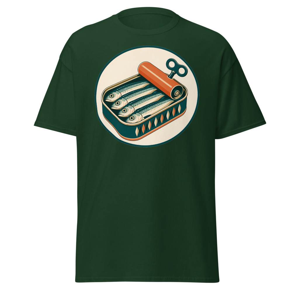 Vintage Sardine Tin T-Shirt | Retro Mediterranean Seafood Label Tee - Image 5