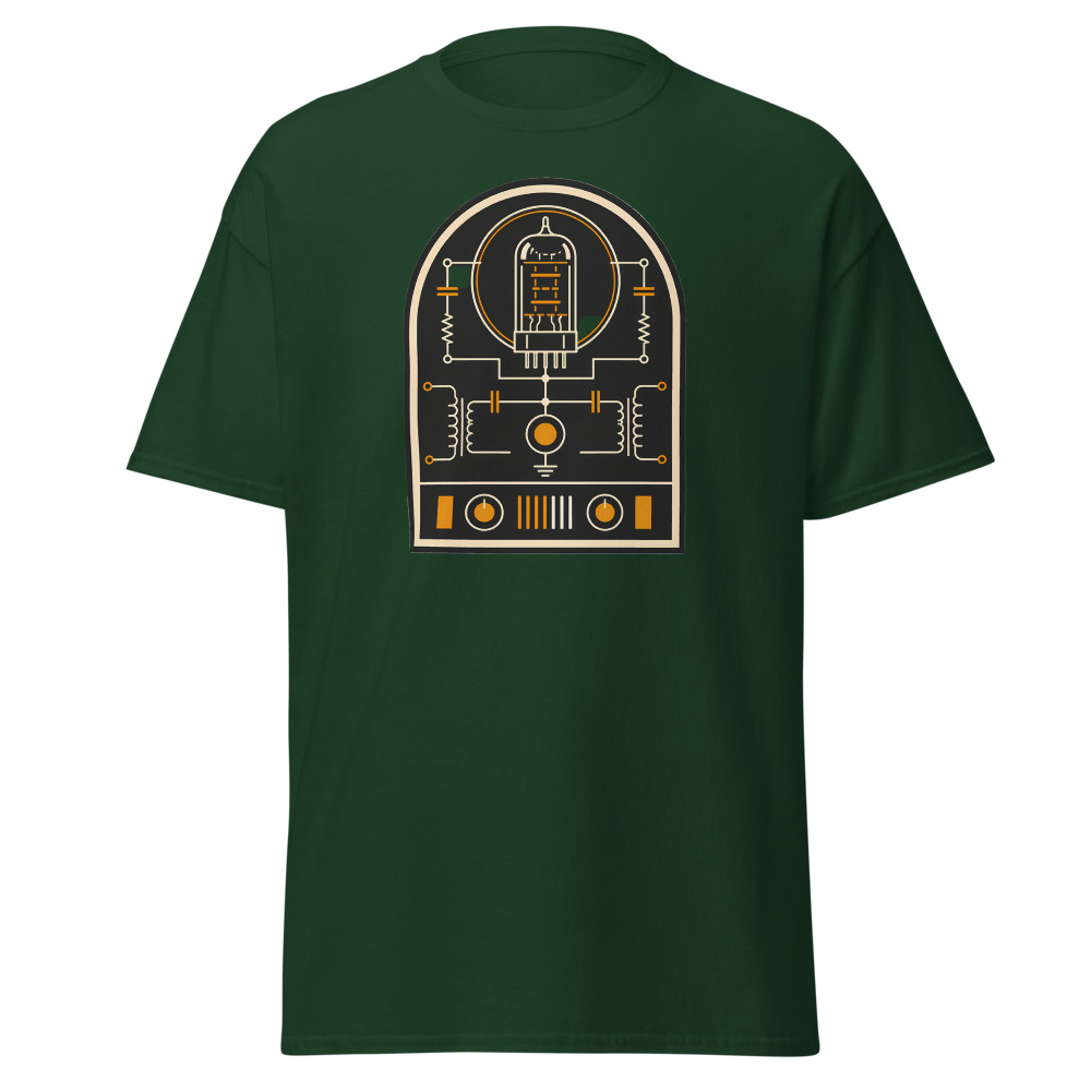 Vintage Vacuum Tube T-Shirt | Retro Valve Amp Schematic Badge Tee - Image 5