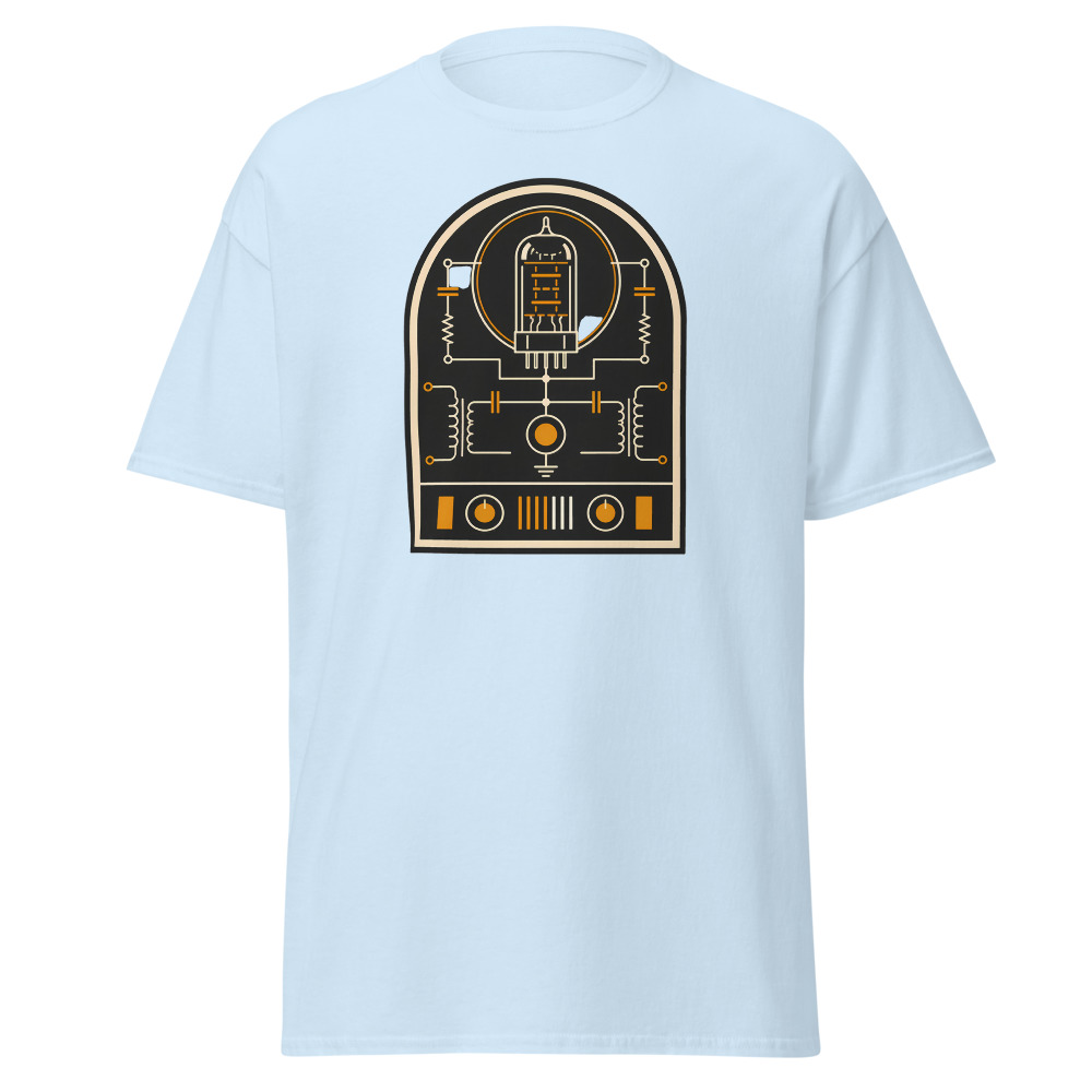 Vintage Vacuum Tube T-Shirt | Retro Valve Amp Schematic Badge Tee - Image 6