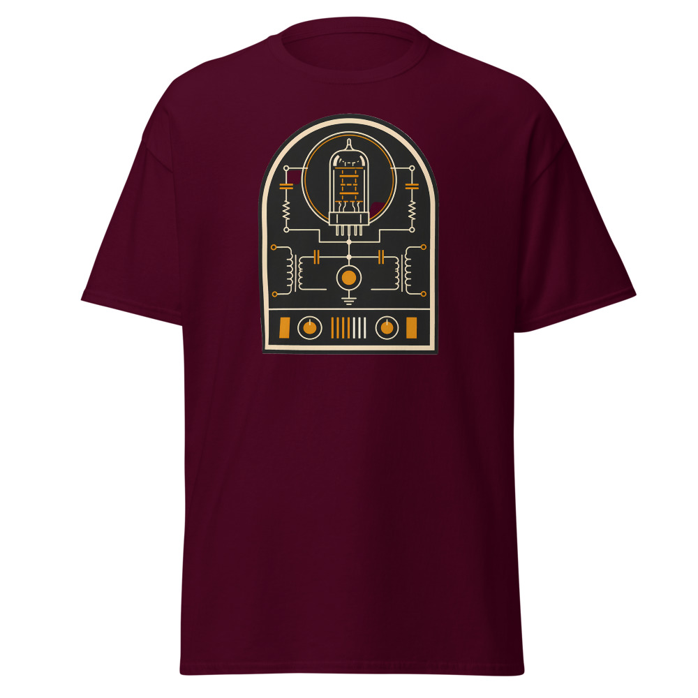 Vintage Vacuum Tube T-Shirt | Retro Valve Amp Schematic Badge Tee - Image 8