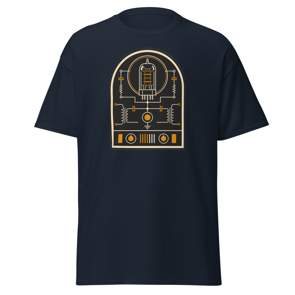 Vintage Vacuum Tube T-Shirt | Retro Valve Amp Schematic Badge Tee - Image 9