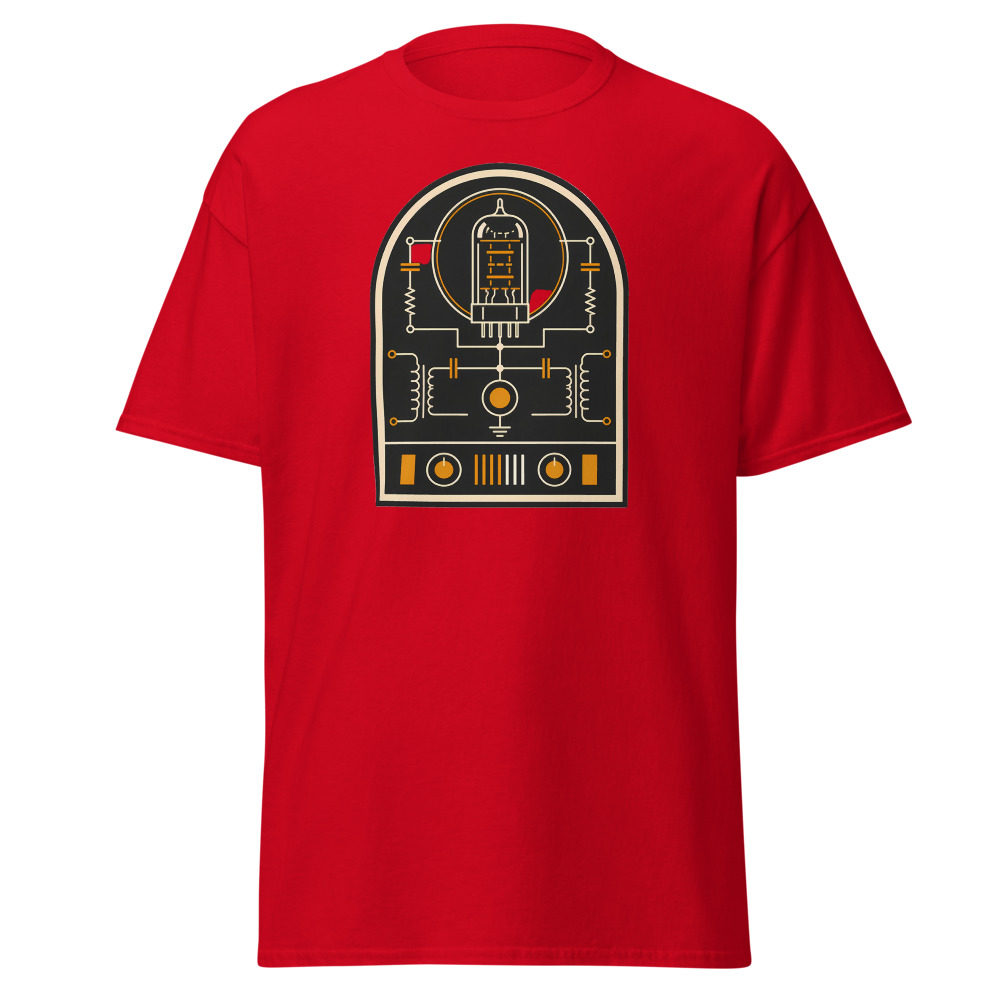 Vintage Vacuum Tube T-Shirt | Retro Valve Amp Schematic Badge Tee - Image 10
