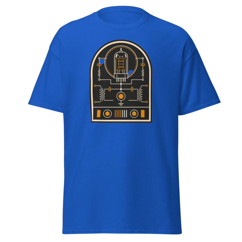 Vintage Vacuum Tube T-Shirt | Retro Valve Amp Schematic Badge Tee - Image 11