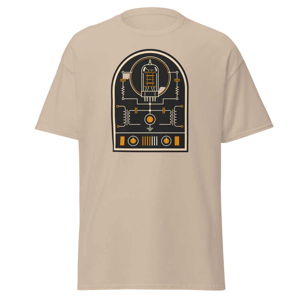 Vintage Vacuum Tube T-Shirt | Retro Valve Amp Schematic Badge Tee - Image 12