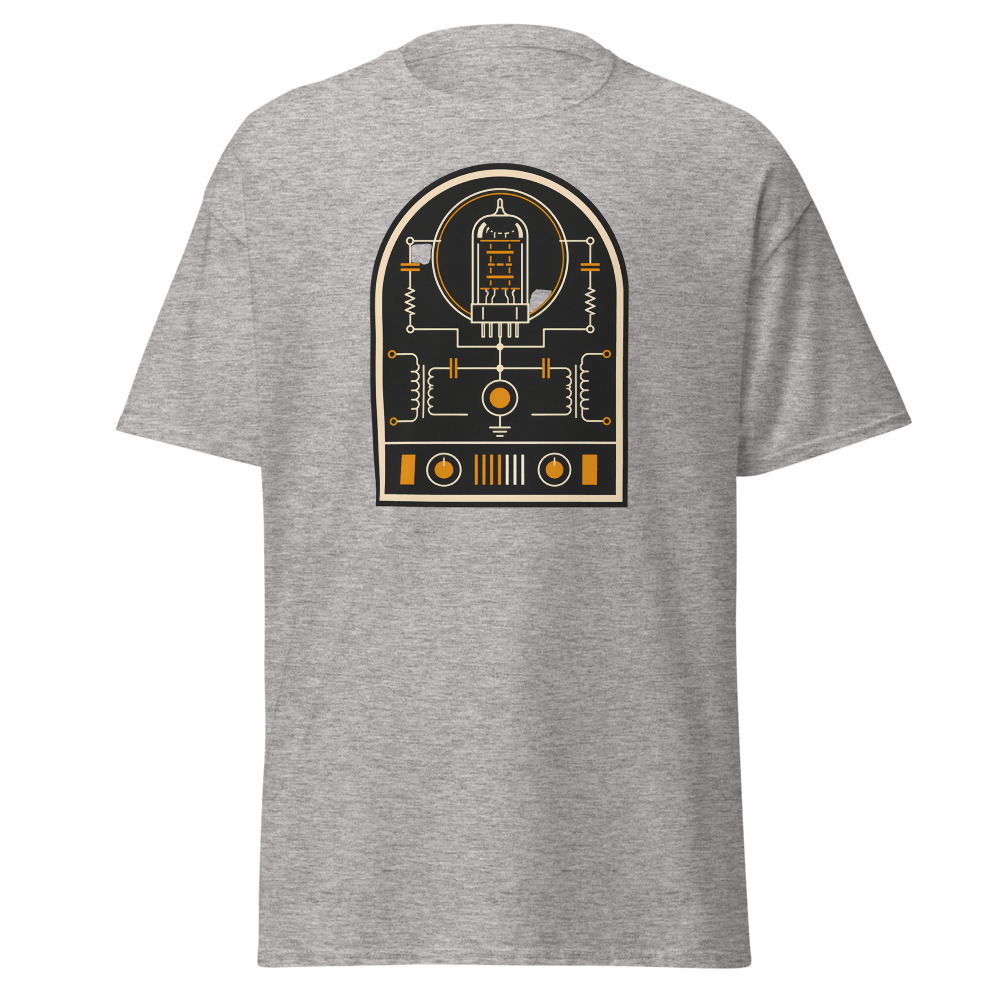 Vintage Vacuum Tube T-Shirt | Retro Valve Amp Schematic Badge Tee - Image 13
