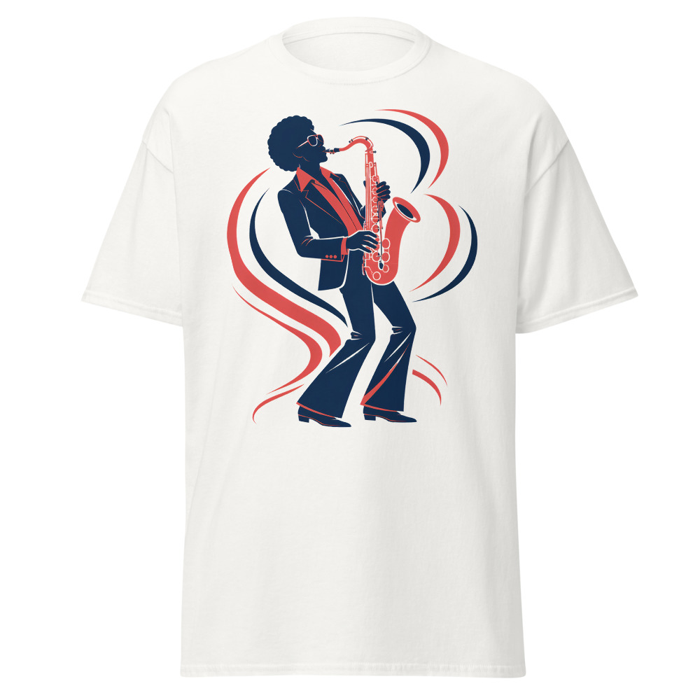 Retro Jazz Saxophone T-Shirt | 1970s Soloist Line Art Music Tee