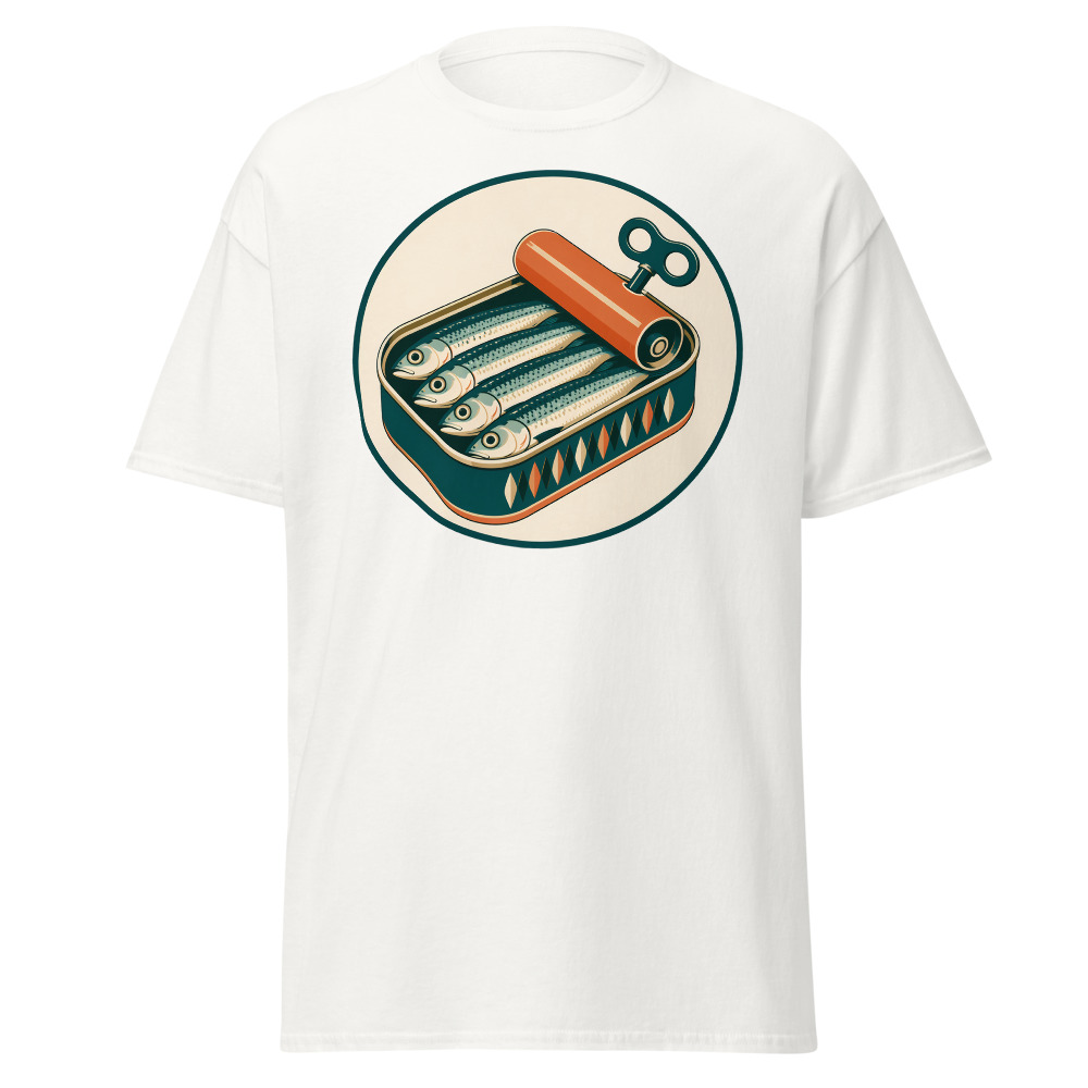 Vintage Sardine Tin T-Shirt | Retro Mediterranean Seafood Label Tee - Image 3