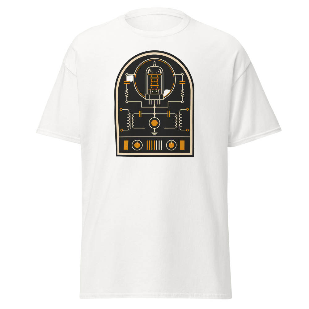 Vintage Vacuum Tube T-Shirt | Retro Valve Amp Schematic Badge Tee - Image 3